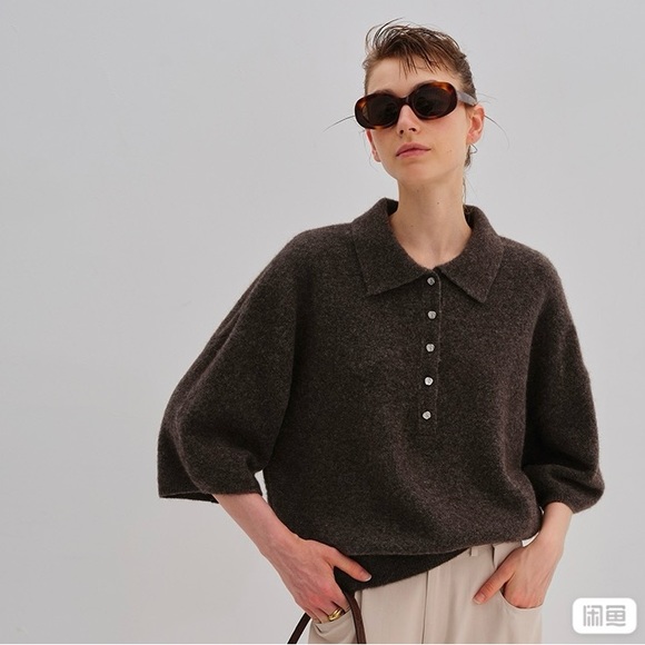 Yasako Sweaters - Polo-Collar Button-Up Knit Sweater - Short Sleeves - Size M